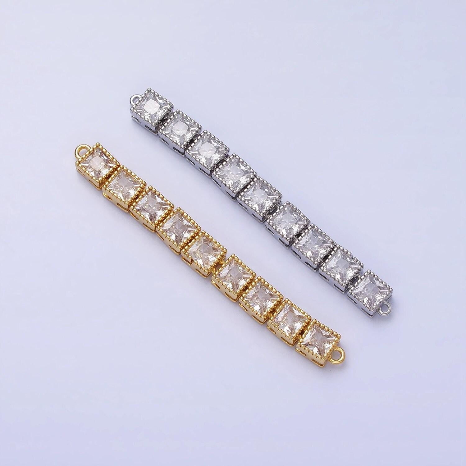 Bendable gold square long bar connector, cz micro pave silver geometric link connector necklace jewelry making y-815