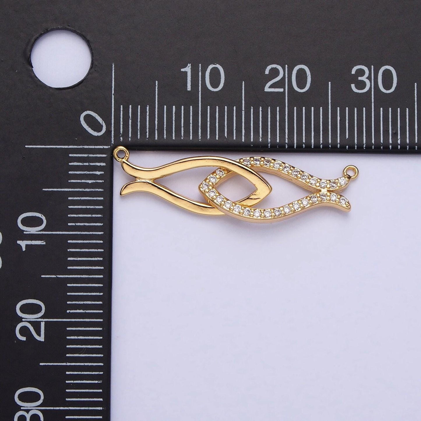 Gold, silver double fish-shaped linked micro paved cz geometric connector infinity love bracelet necklace charm connector | y-807