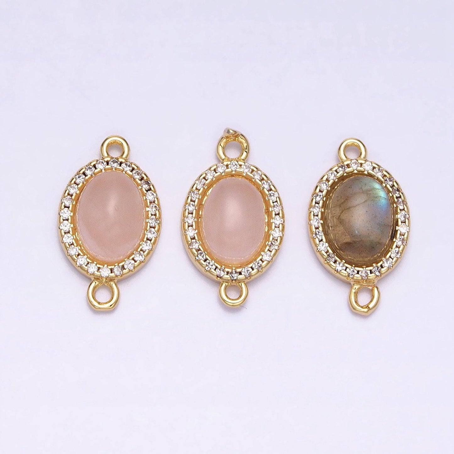Micro paved oval natural stone charm connector double bail link connector for bracelet component | y-799, y-800