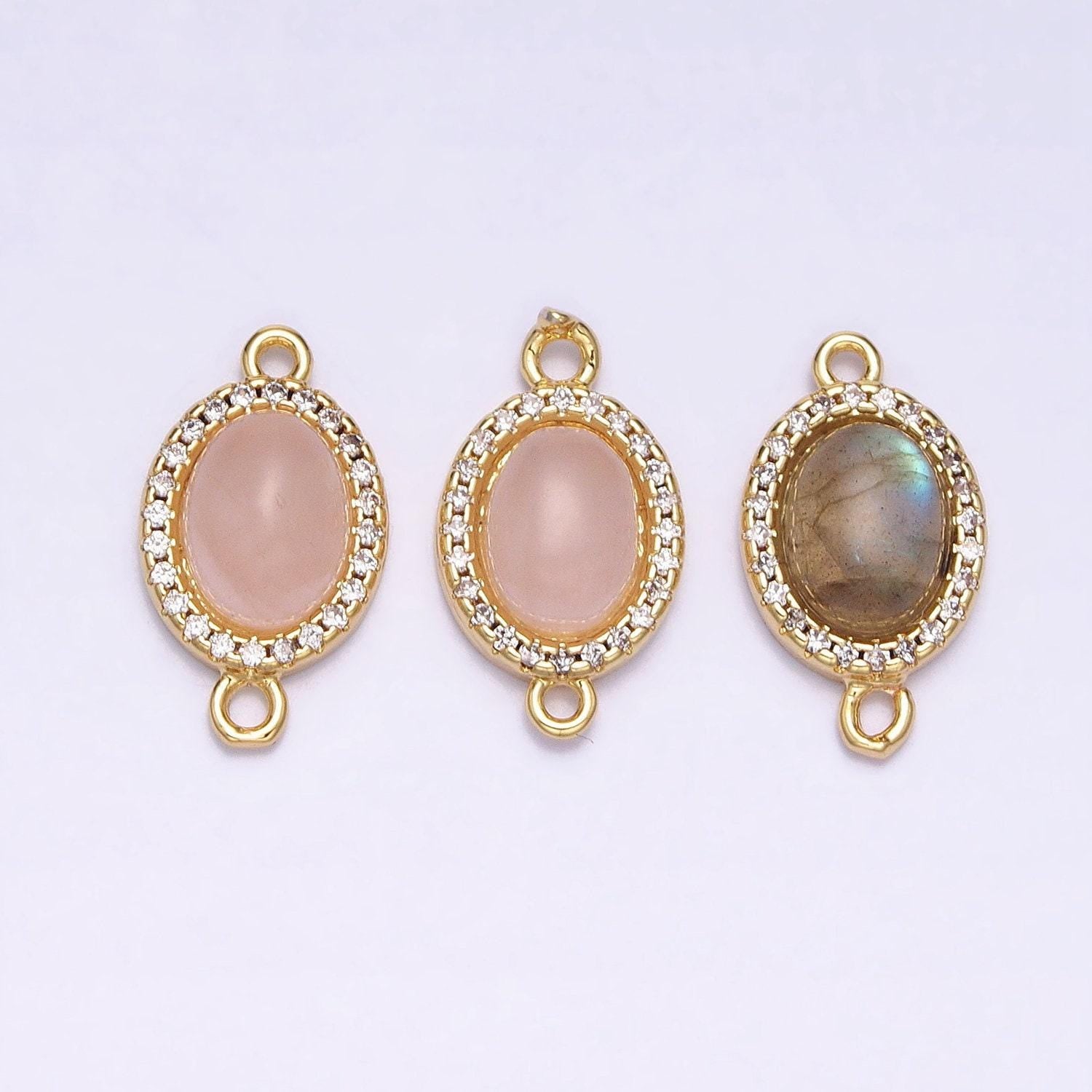 Micro paved oval natural stone charm connector double bail link connector for bracelet component | y-799, y-800
