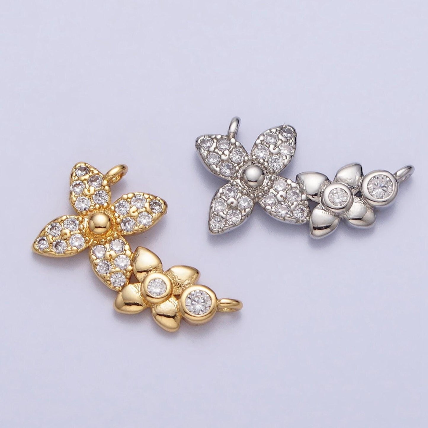 Gold micro paved round cubic zirconia flower link connector | f785