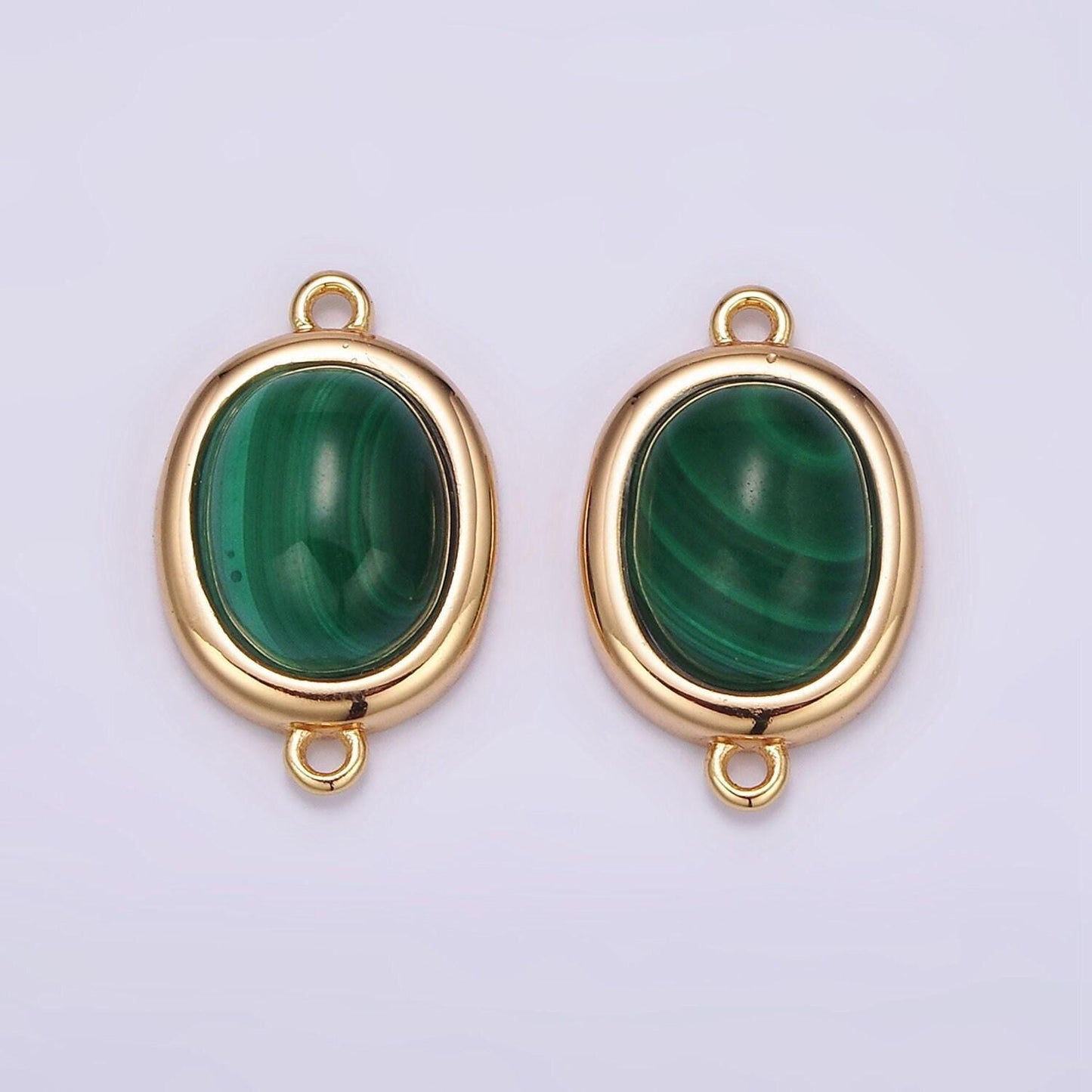 16k gold filled 11mm, 10mm green malachite cabochon bezel connector | y762