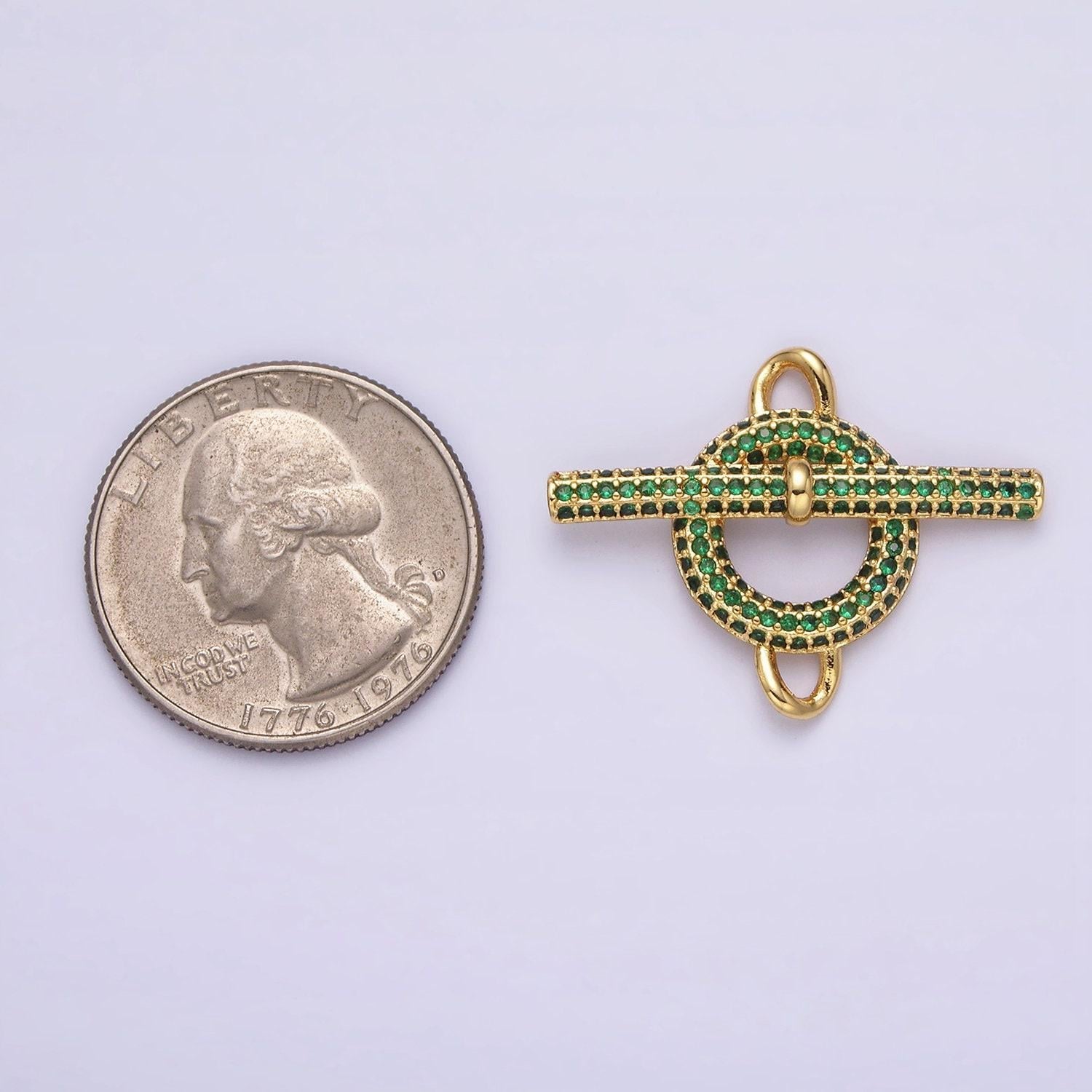 Round circular toggle clasp connector, 14k gold plated green micro pave cz toggle clasp inspired end clasp for bracelet closure | y-734