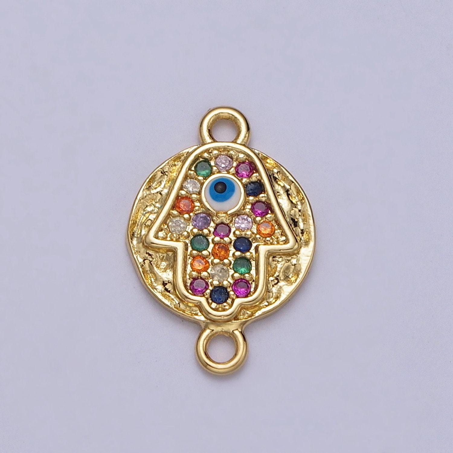 Small round hammered evil eye multicolor micro paved cz gold link connector | y669
