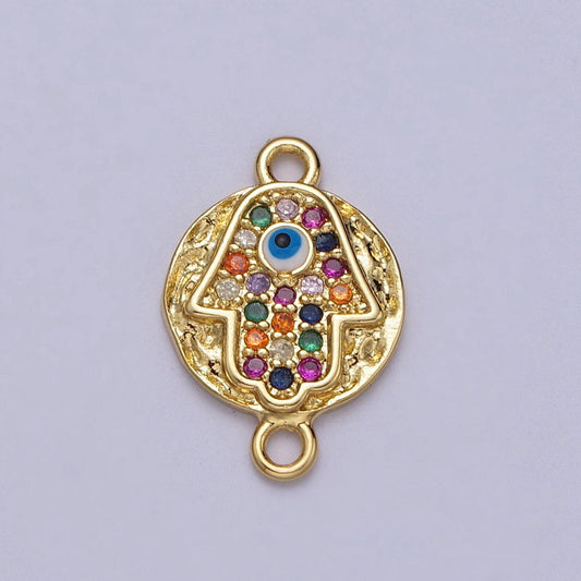 Small round hammered evil eye multicolor micro paved cz gold link connector | y669