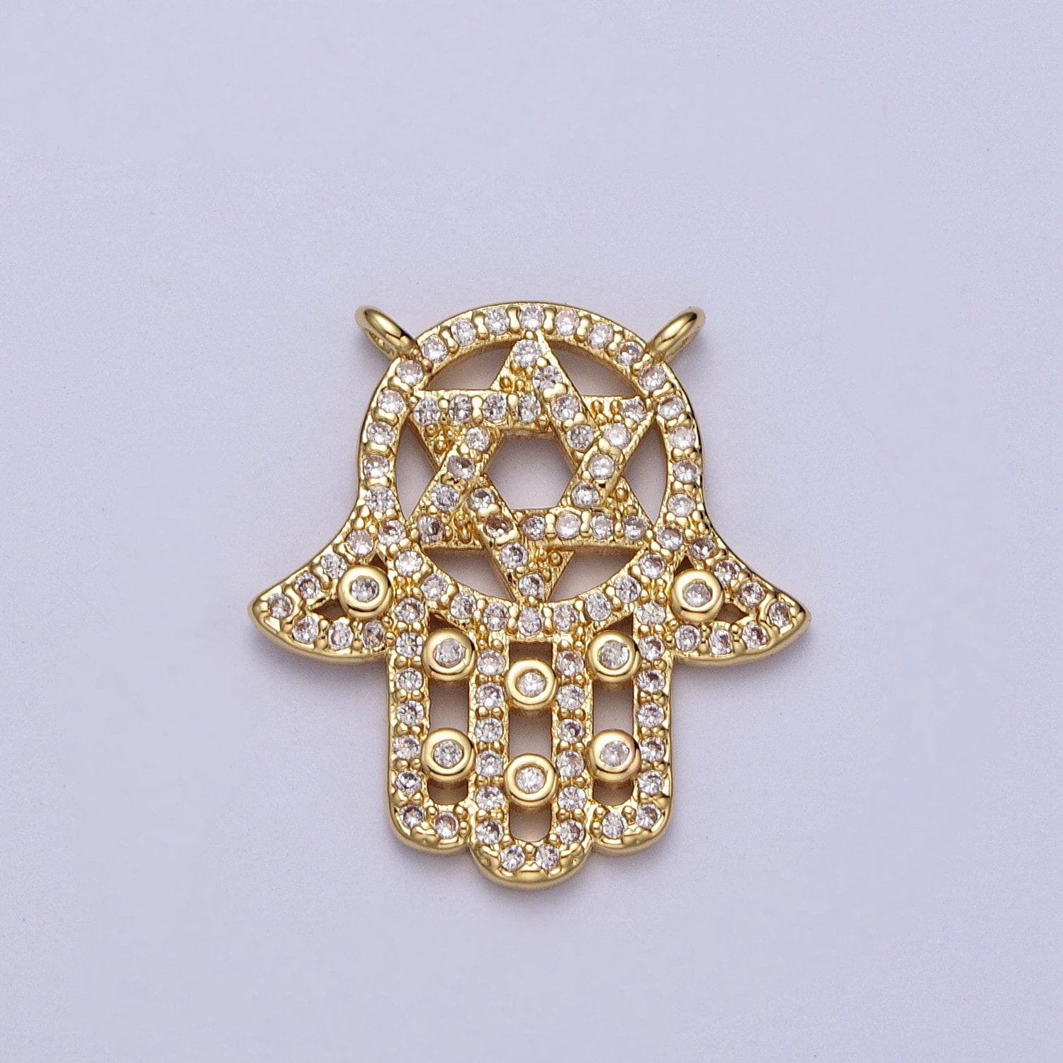 Cubic hamsa hand charm connector gold plated hand of fatima good luck charms with star of david jewish religious jewelry protection amulet