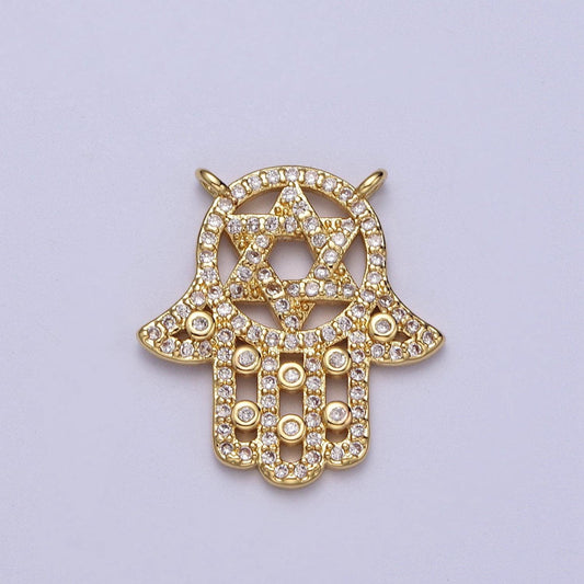 Cubic hamsa hand charm connector gold plated hand of fatima good luck charms with star of david jewish religious jewelry protection amulet