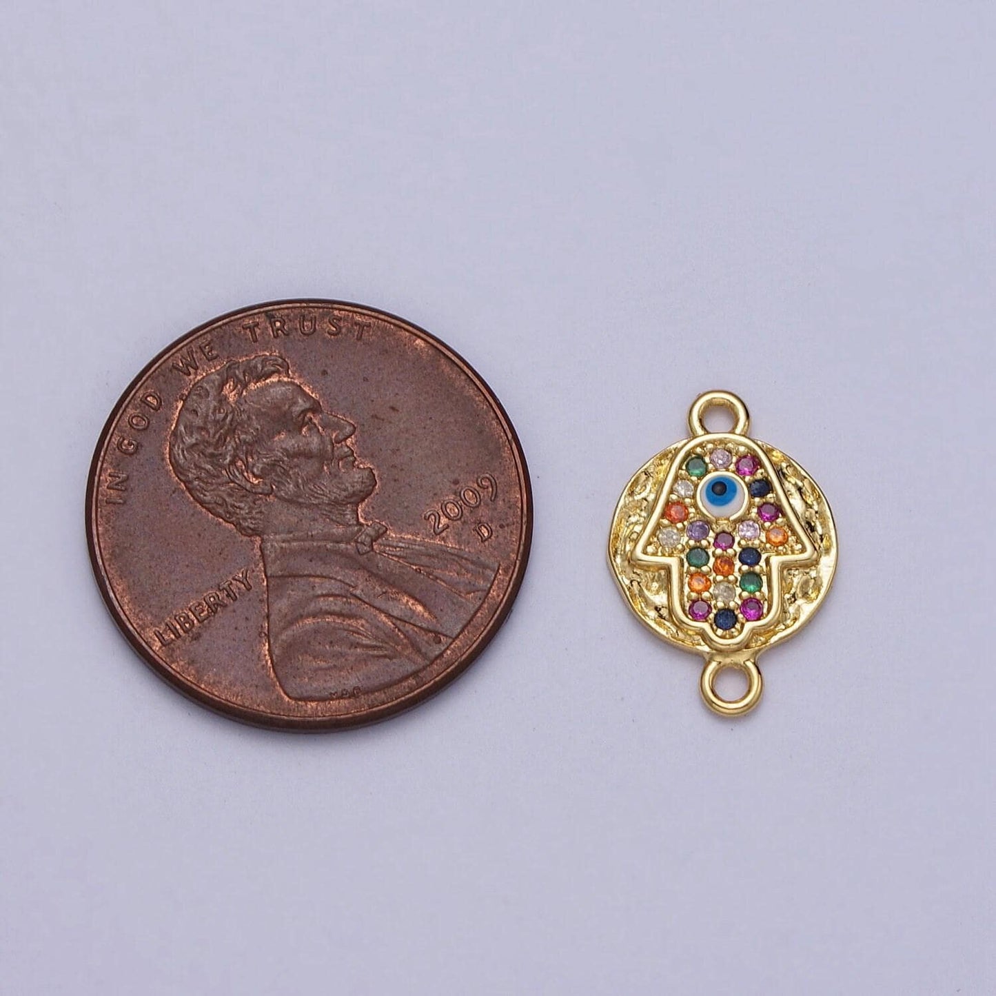 Small round hammered evil eye multicolor micro paved cz gold link connector | y669