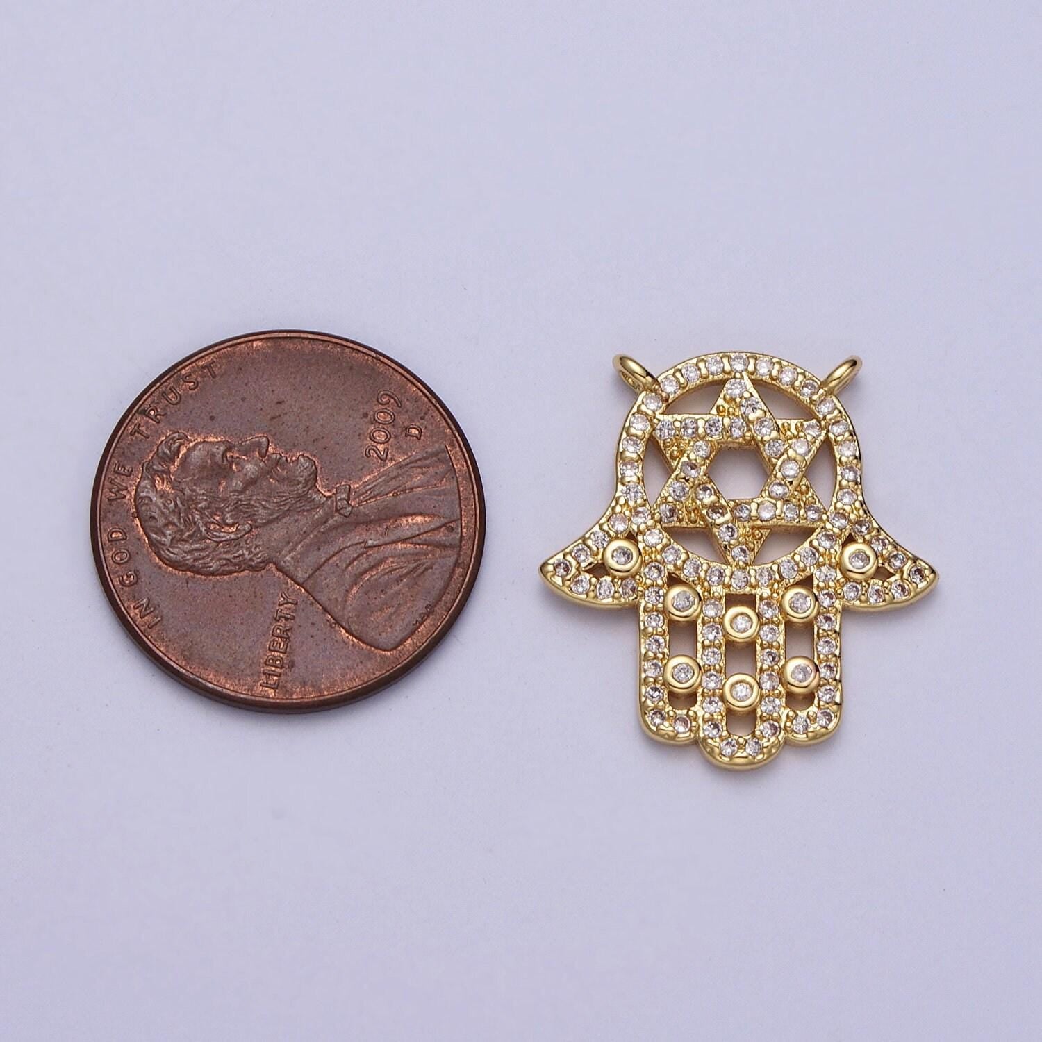 Cubic hamsa hand charm connector gold plated hand of fatima good luck charms with star of david jewish religious jewelry protection amulet