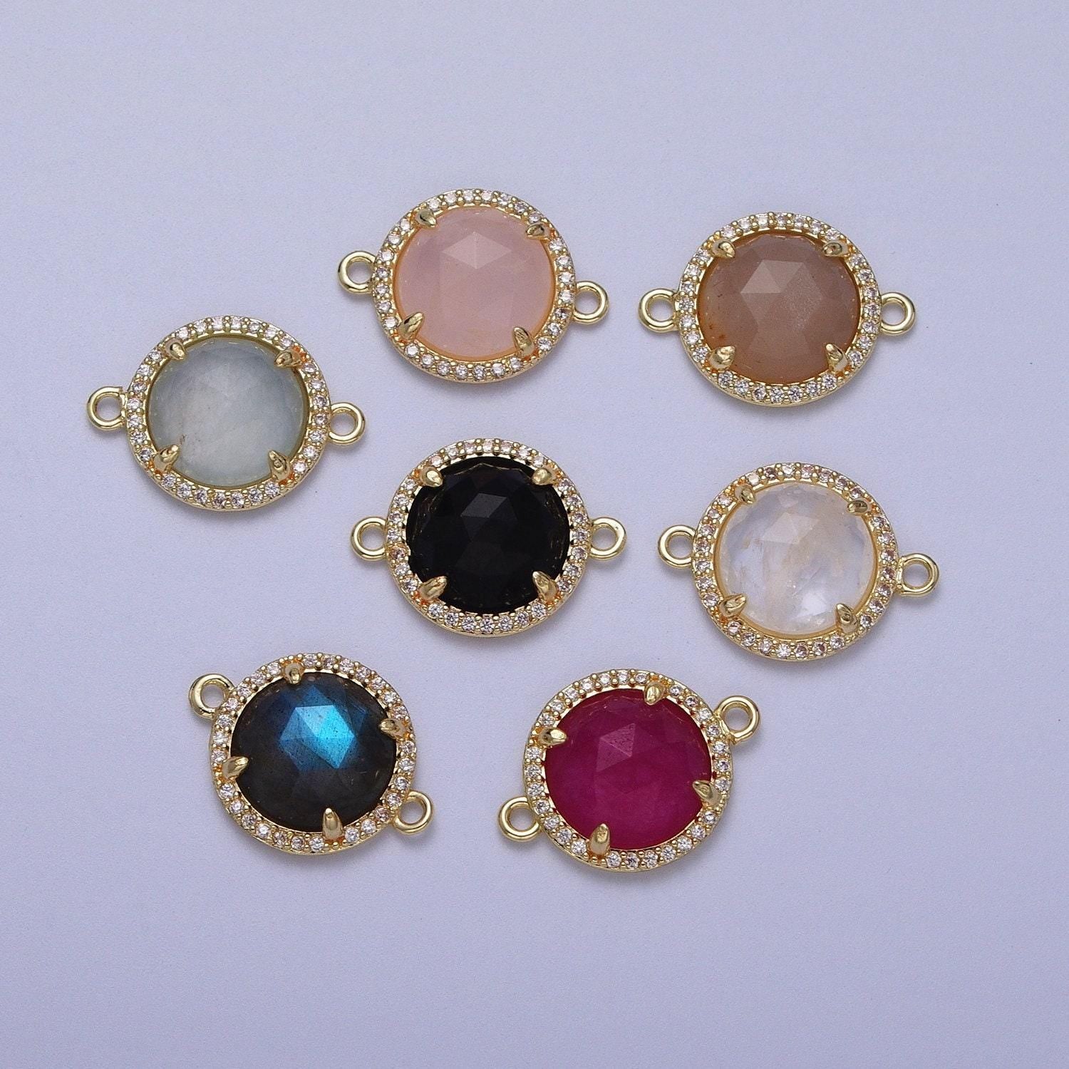 Micro paved multifaceted natural stone round charm connector double bail link connector for bracelet component | y638 - y644