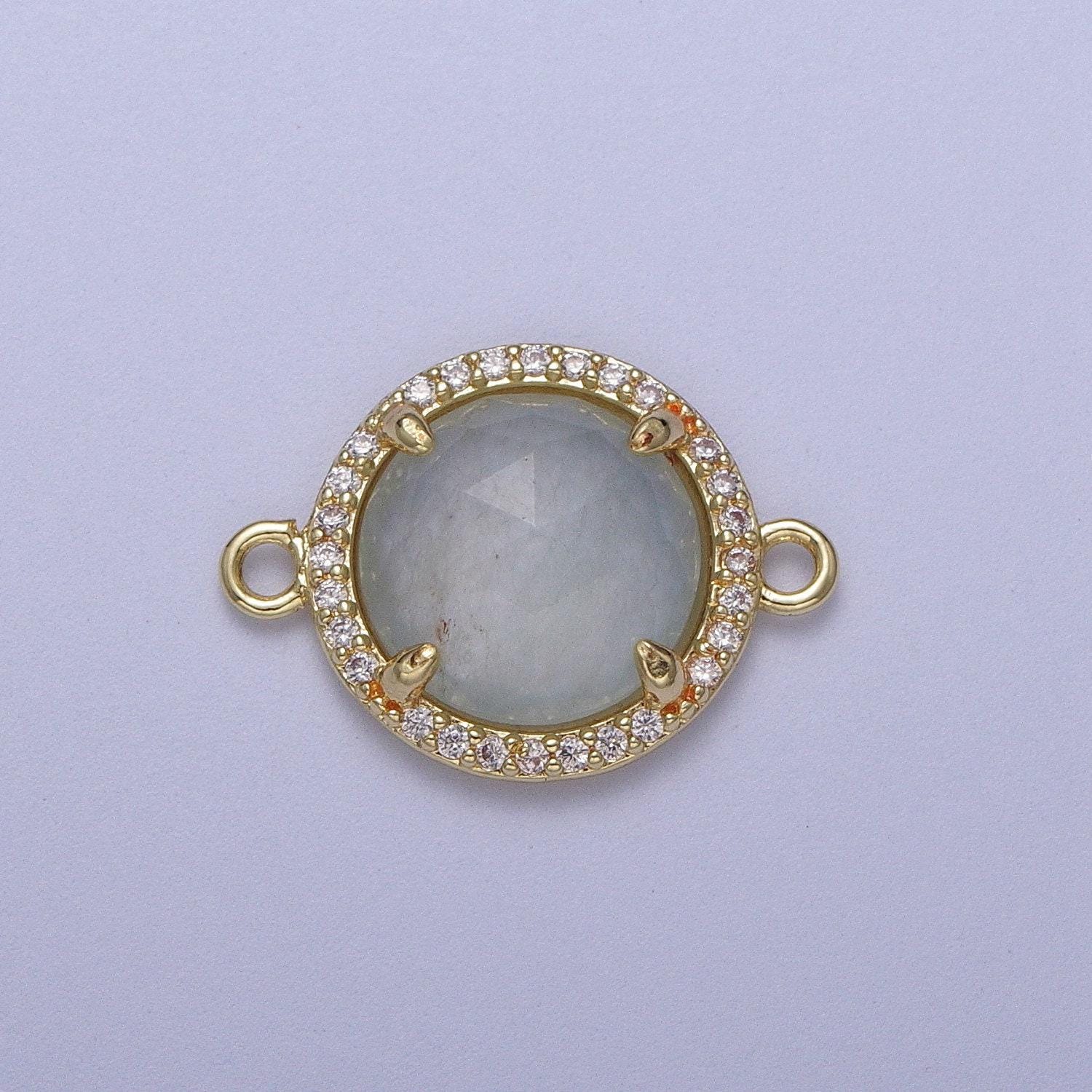 Micro paved multifaceted natural stone round charm connector double bail link connector for bracelet component | y638 - y644