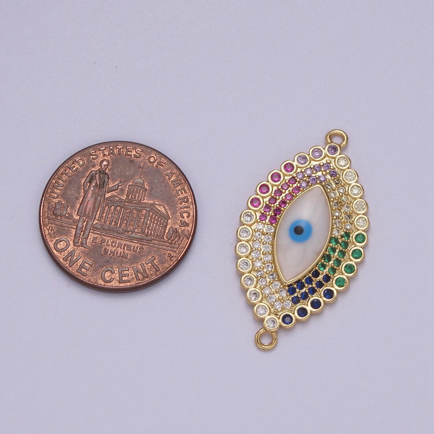 Cubic evil eye charm connector greek eye double bail pendant connector cz rhinestone accent micro pave evil eye charm for necklace making