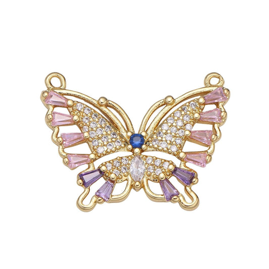 Multi color cz gold butterfly charm connector, link connector, cubic mariposa charm connector for necklace bracelet component, y-447