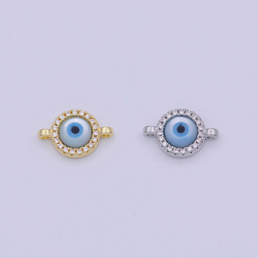 Mini gold cz evil eye charm connector with blue eye enamel link connector for bracelet earring component silver eyey-444