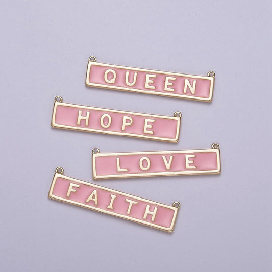 Queen faith love hope words charm gold bar for necklace charm pink enamel tag bar horizontal