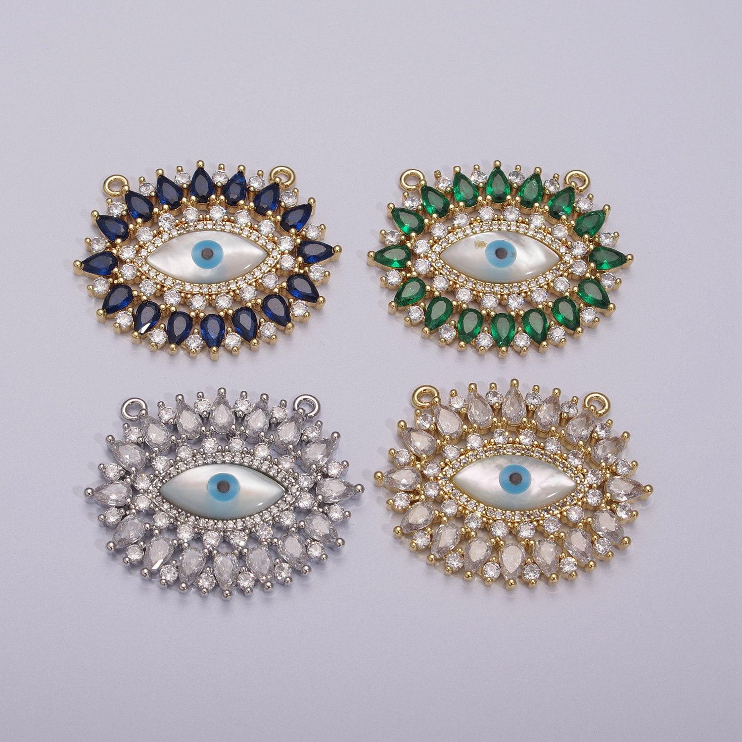 Gold evil eye cz micro pave connector, pearl micro pave eye bracelet connector, diamond eye micro pave connector, y-384