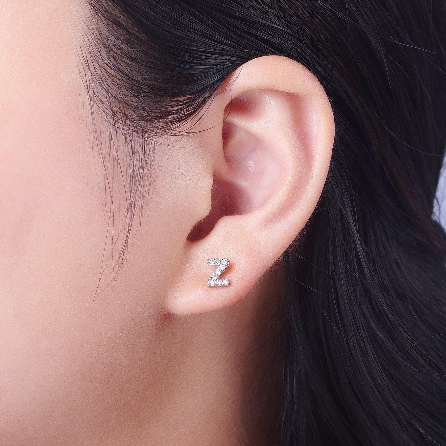 1 pair cubic zirconia tiny initial stud earring in silver, personalized alphabet letter earring, birthday christmas gift for her