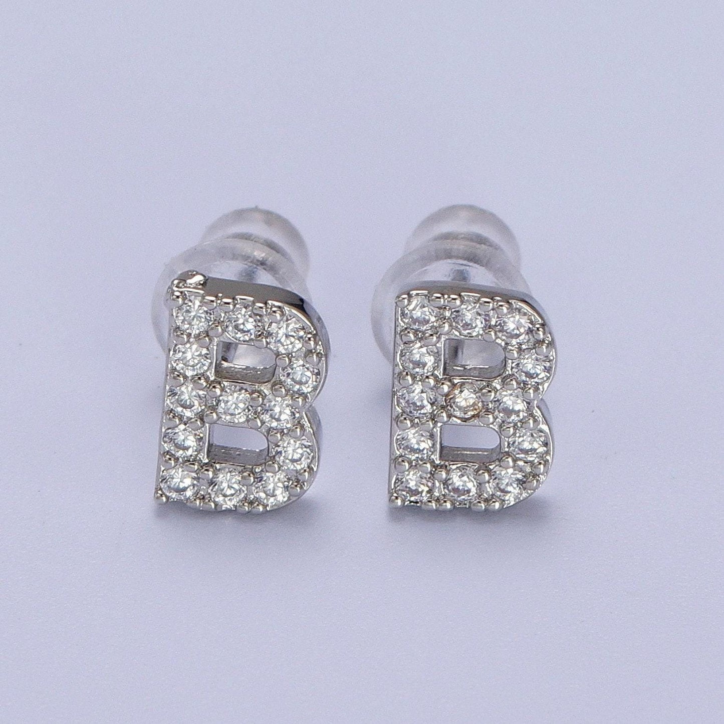 1 pair cubic zirconia tiny initial stud earring in silver, personalized alphabet letter earring, birthday christmas gift for her