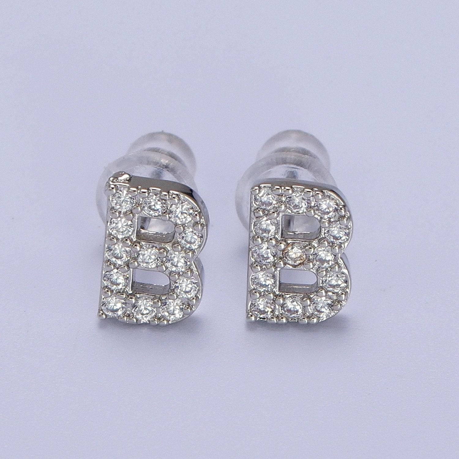 1 pair cubic zirconia tiny initial stud earring in silver, personalized alphabet letter earring, birthday christmas gift for her