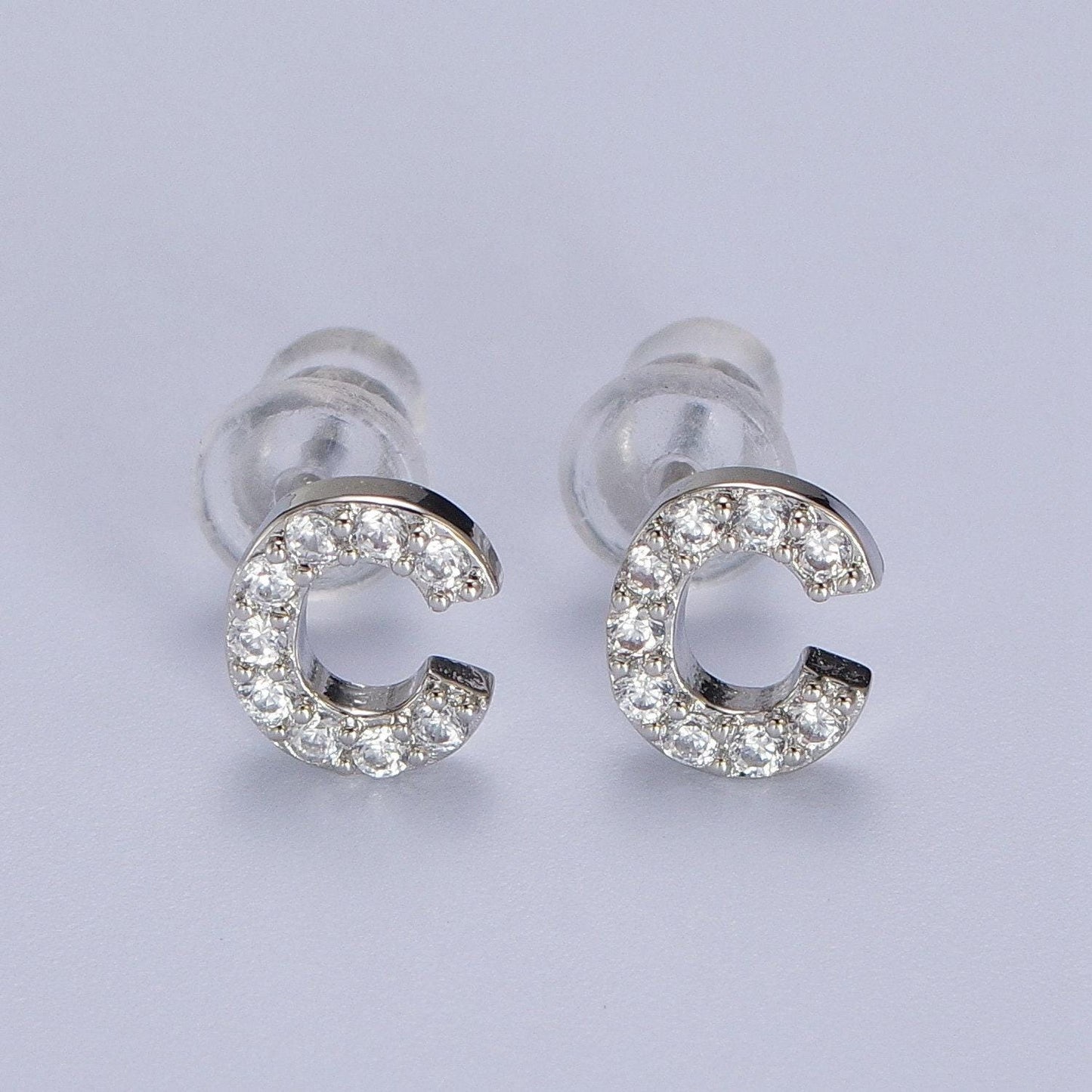 1 pair cubic zirconia tiny initial stud earring in silver, personalized alphabet letter earring, birthday christmas gift for her