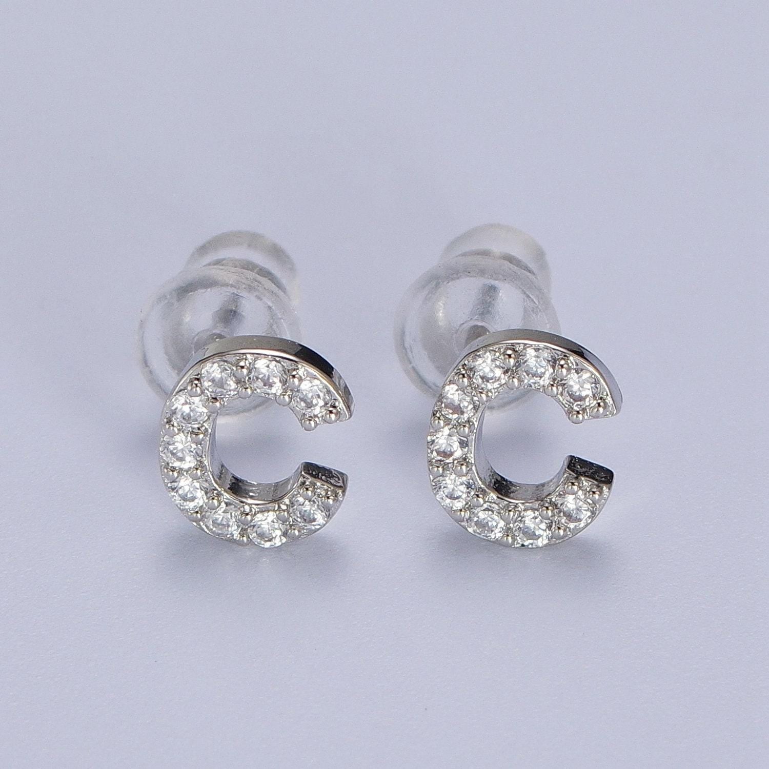 1 pair cubic zirconia tiny initial stud earring in silver, personalized alphabet letter earring, birthday christmas gift for her