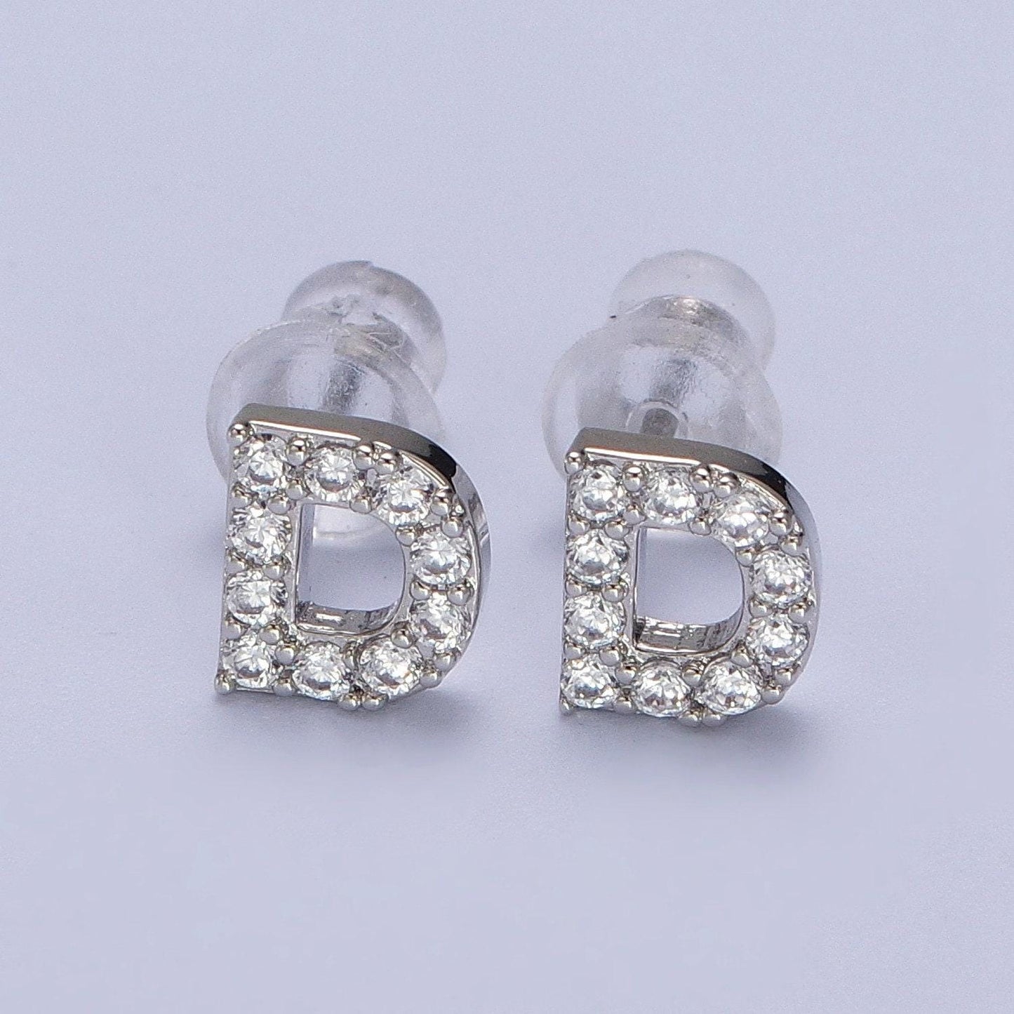 1 pair cubic zirconia tiny initial stud earring in silver, personalized alphabet letter earring, birthday christmas gift for her