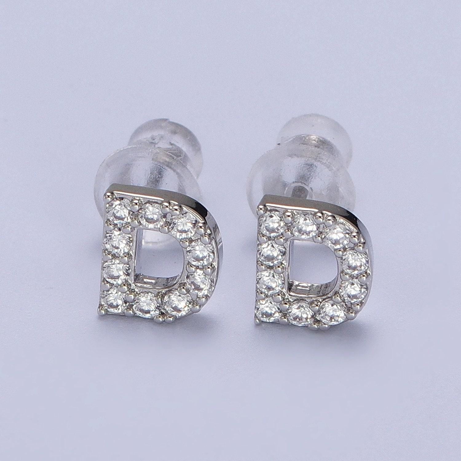 1 pair cubic zirconia tiny initial stud earring in silver, personalized alphabet letter earring, birthday christmas gift for her