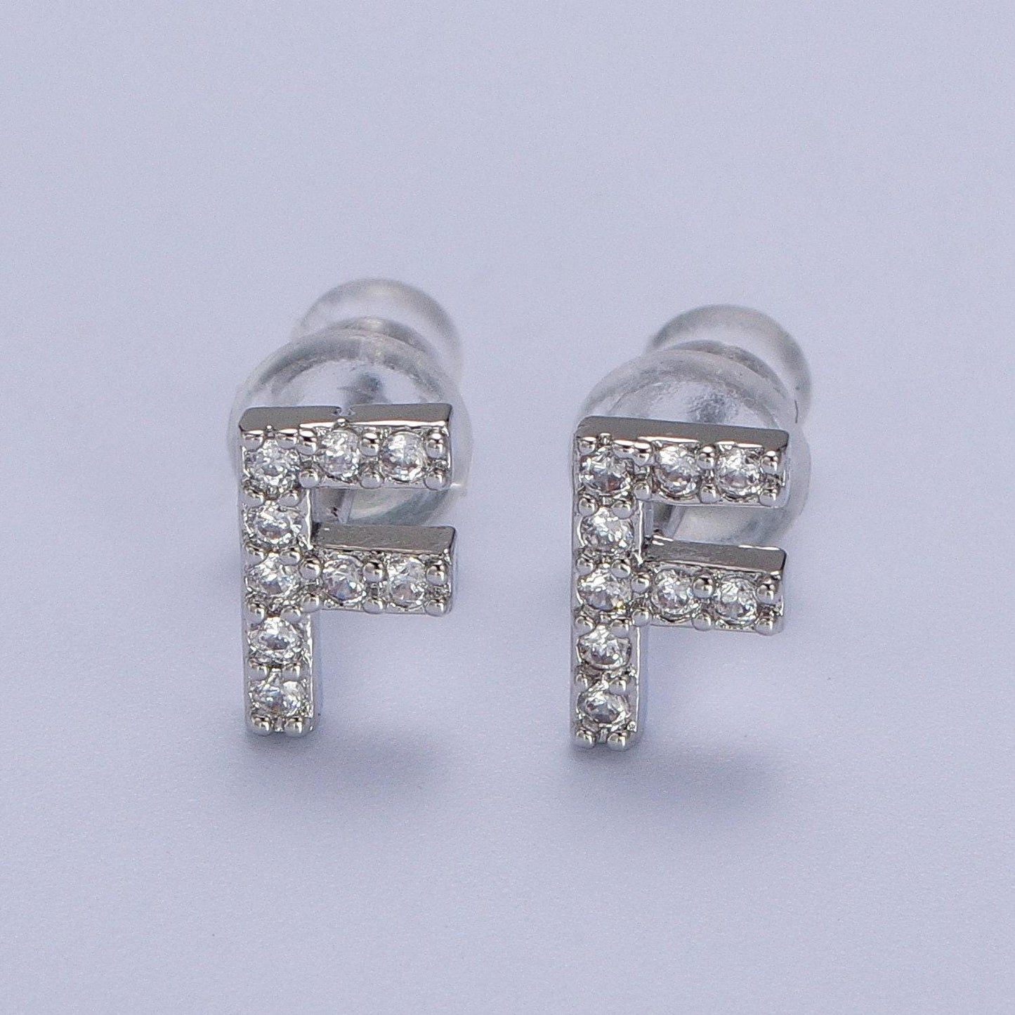 1 pair cubic zirconia tiny initial stud earring in silver, personalized alphabet letter earring, birthday christmas gift for her