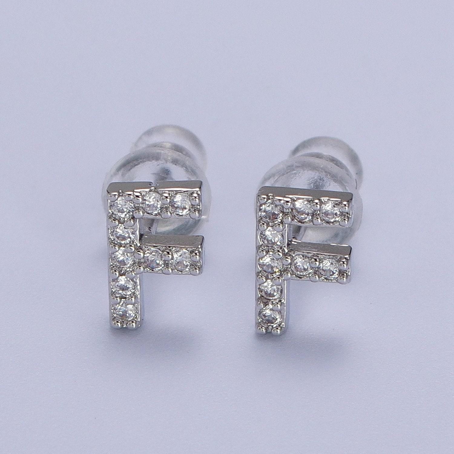 1 pair cubic zirconia tiny initial stud earring in silver, personalized alphabet letter earring, birthday christmas gift for her
