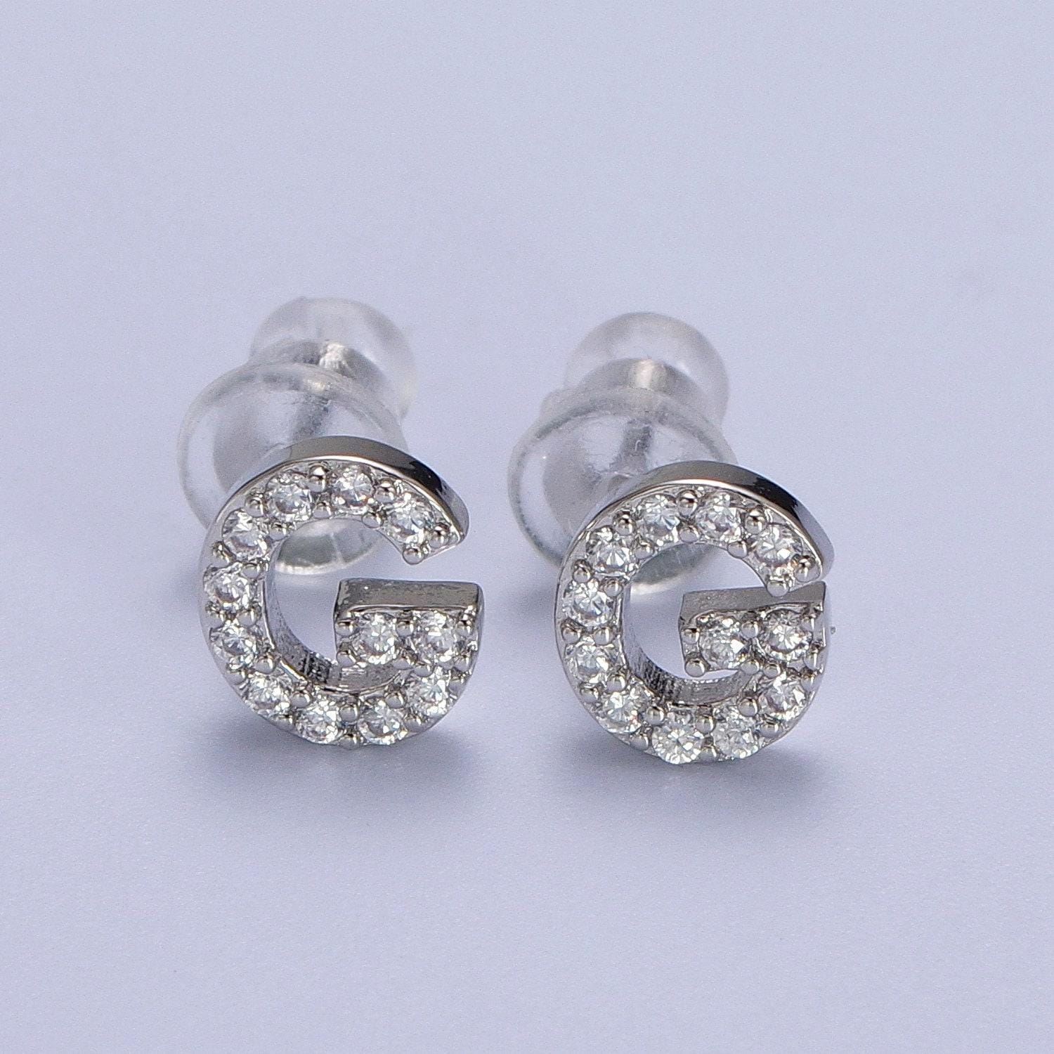 1 pair cubic zirconia tiny initial stud earring in silver, personalized alphabet letter earring, birthday christmas gift for her
