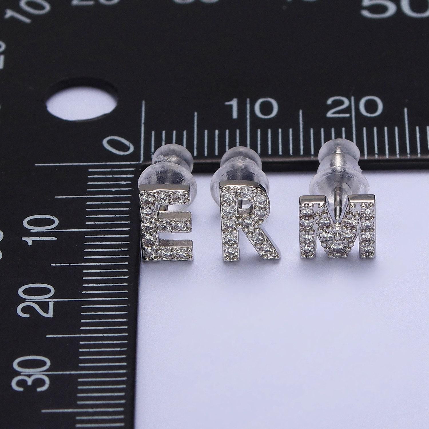 1 pair cubic zirconia tiny initial stud earring in silver, personalized alphabet letter earring, birthday christmas gift for her