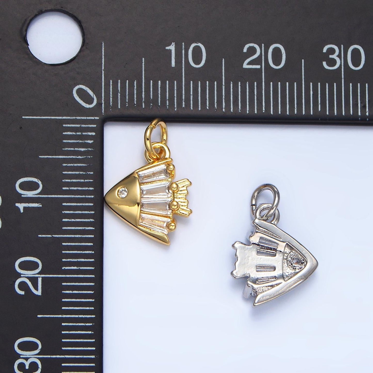 Cz clear baguette ocean sea animal angel fish 24k gold filled charm in gold & silver | x-877