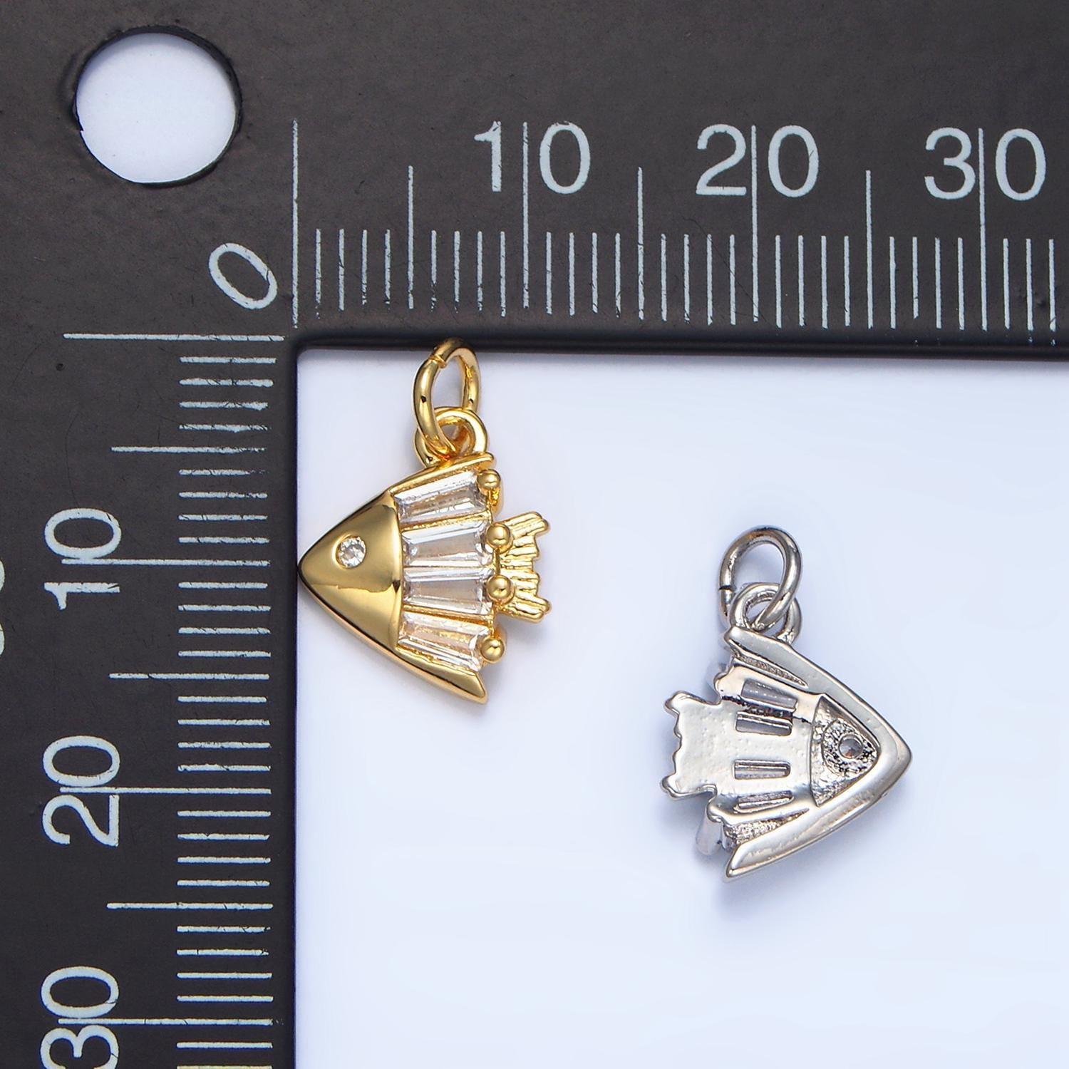 Cz clear baguette ocean sea animal angel fish 24k gold filled charm in gold & silver | x-877