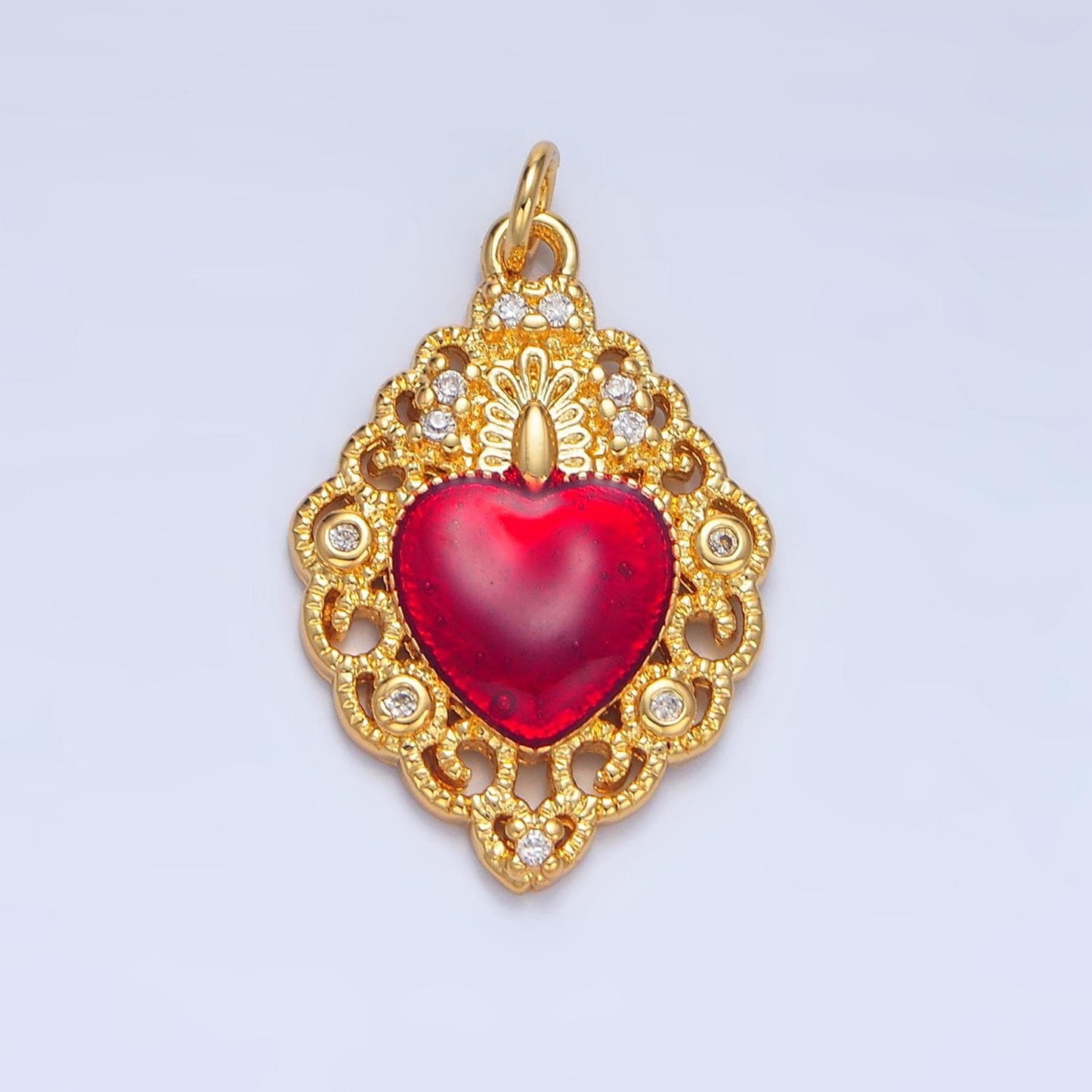 Cz red geometric fancy artisan heart 24k gold filled charm | x-867