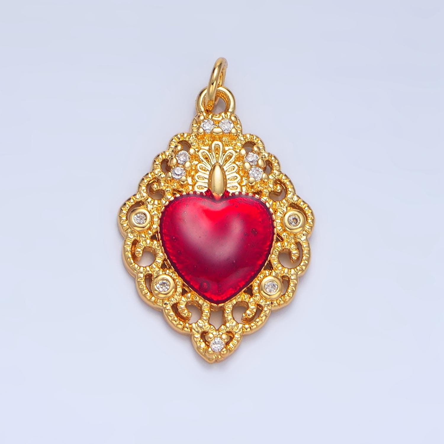 Cz red geometric fancy artisan heart 24k gold filled charm | x-867