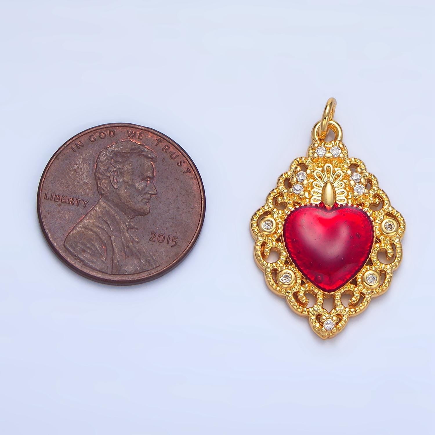 Cz red geometric fancy artisan heart 24k gold filled charm | x-867