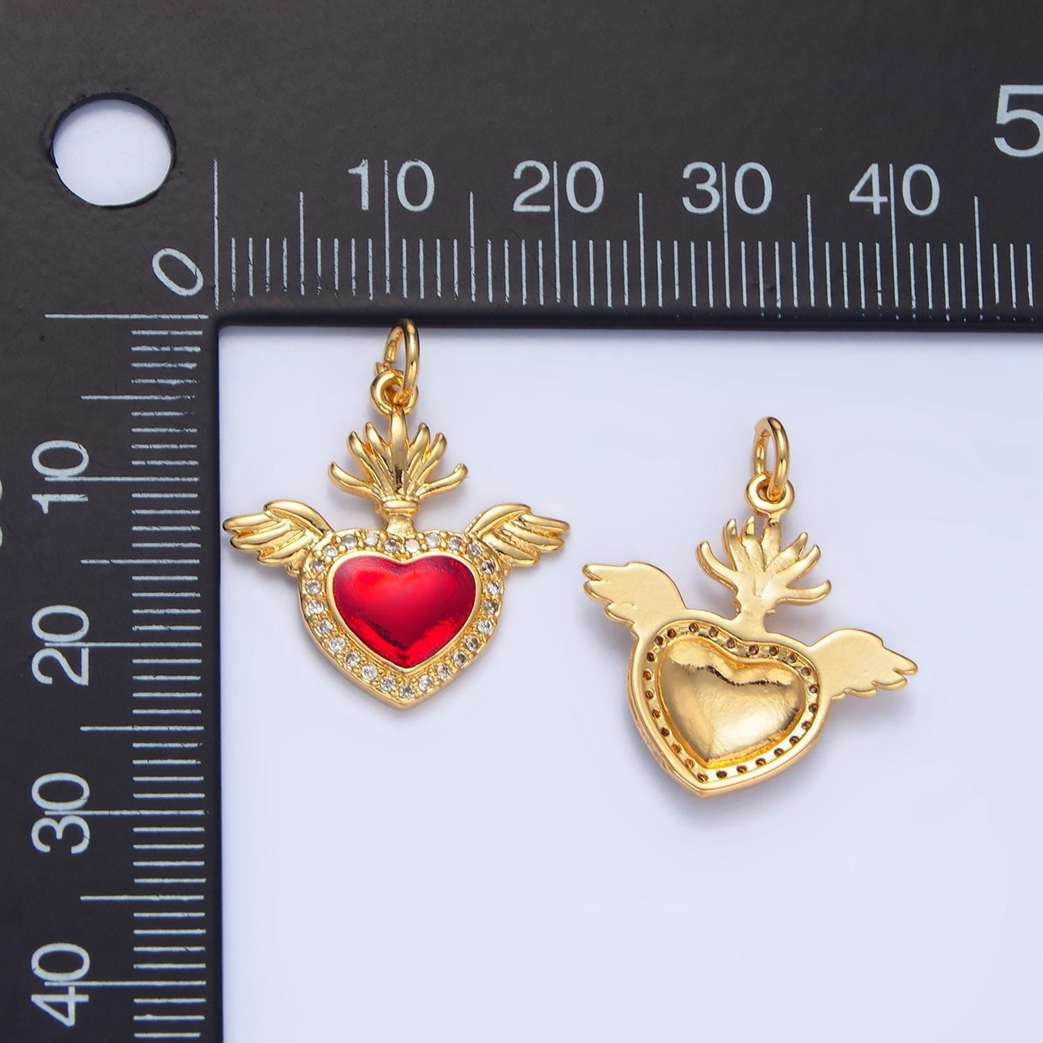 Cz micro paved red heart angel wings 24k gold filled charm | x-866