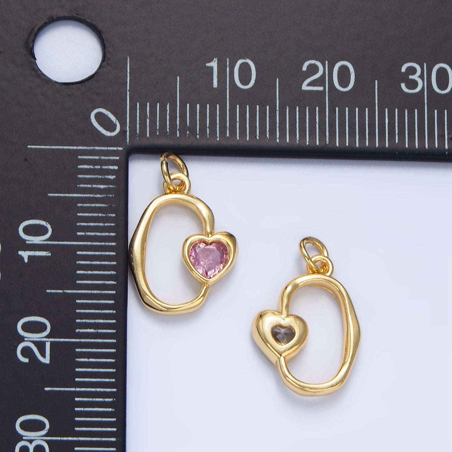 Clear, pink cz molted open oval heart 24k gold filled charm | x-856
