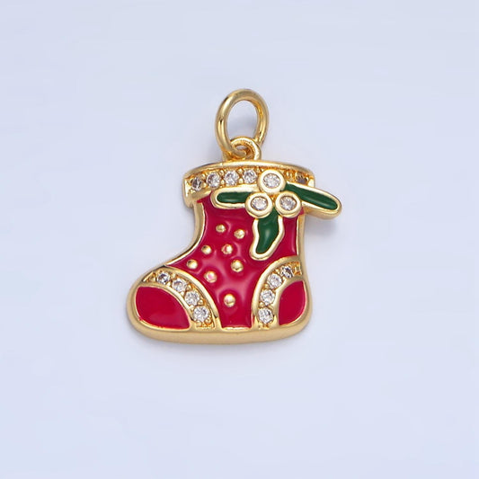 Red sock stocking micro paved cz, 24k gold filled christmas charm | x-843