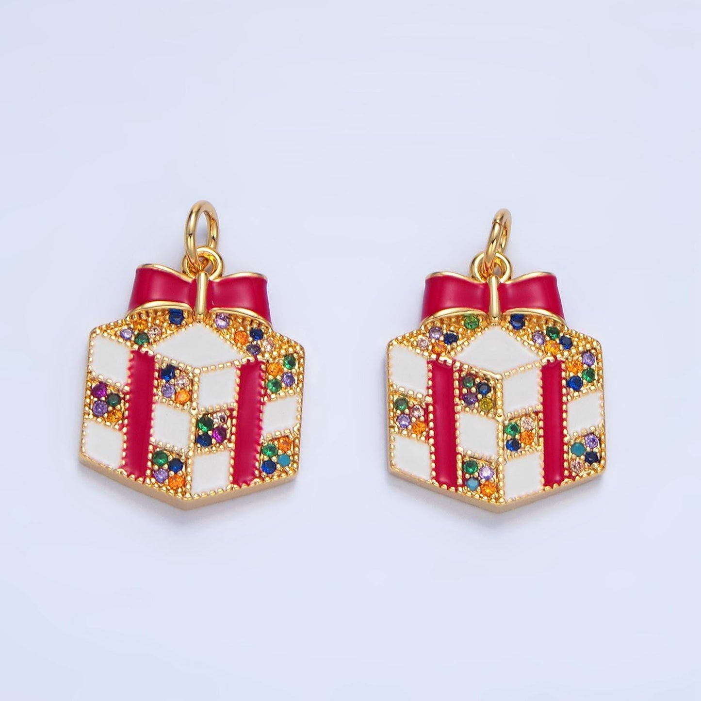 Dainty red enamel christmas presents charm colorful micro paved cz, gold filled holiday charms | x-842