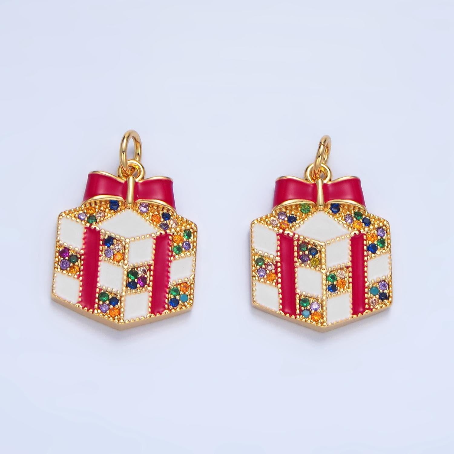 Dainty red enamel christmas presents charm colorful micro paved cz, gold filled holiday charms | x-842