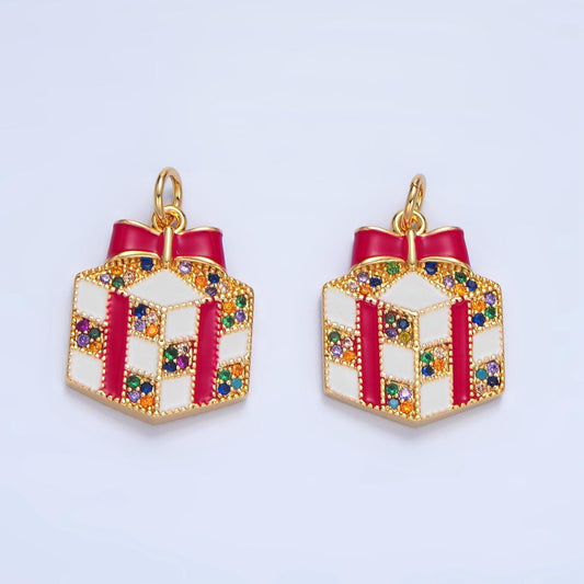 Dainty red enamel christmas presents charm colorful micro paved cz, gold filled holiday charms | x-842