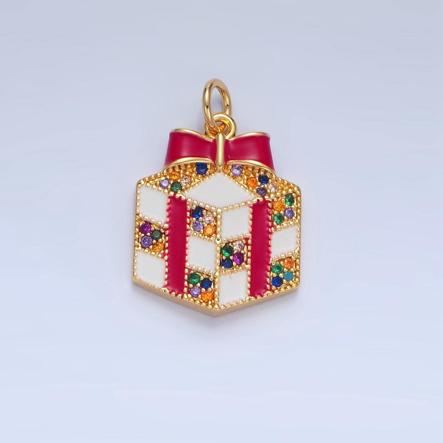 Dainty red enamel christmas presents charm colorful micro paved cz, gold filled holiday charms | x-842