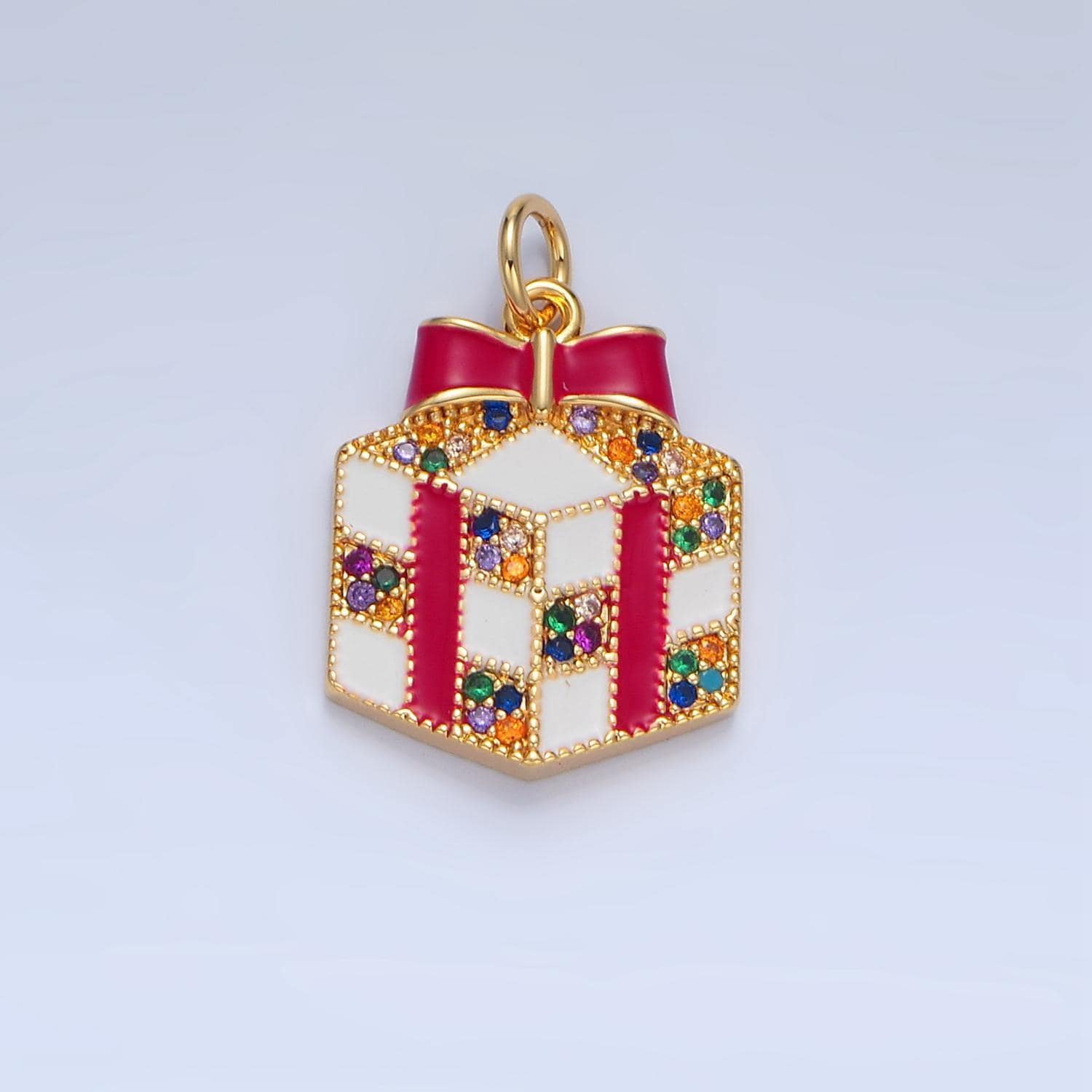 Dainty red enamel christmas presents charm colorful micro paved cz, gold filled holiday charms | x-842