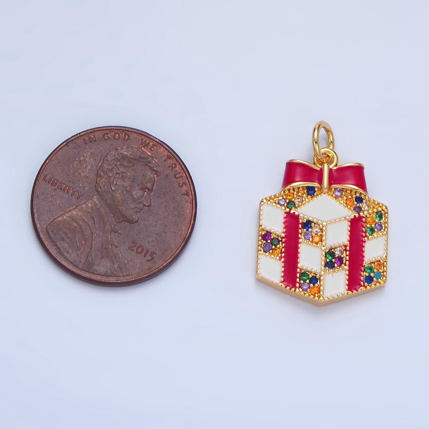 Dainty red enamel christmas presents charm colorful micro paved cz, gold filled holiday charms | x-842