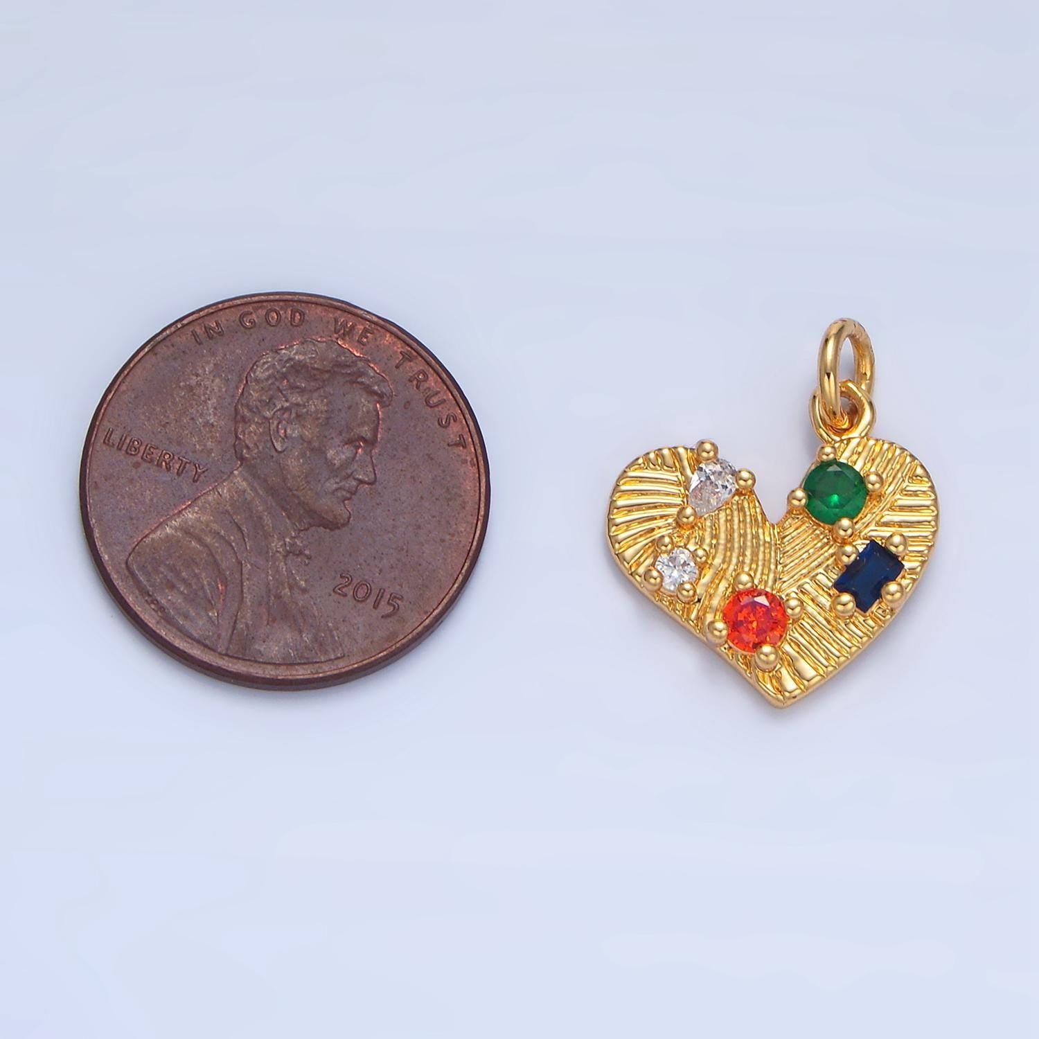 Multicolor cz line textured heart 24k gold filled charm | x-819