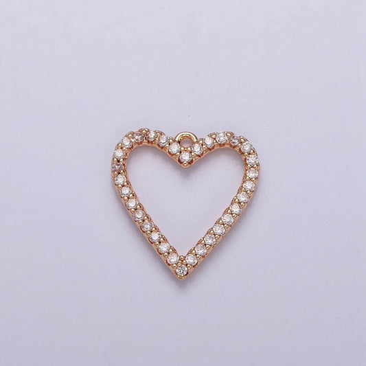 16k gold plated clear micro pave cubic zirconia heart outline pendant, gold cz stone love heart charm for bracelet necklace supply | x-815