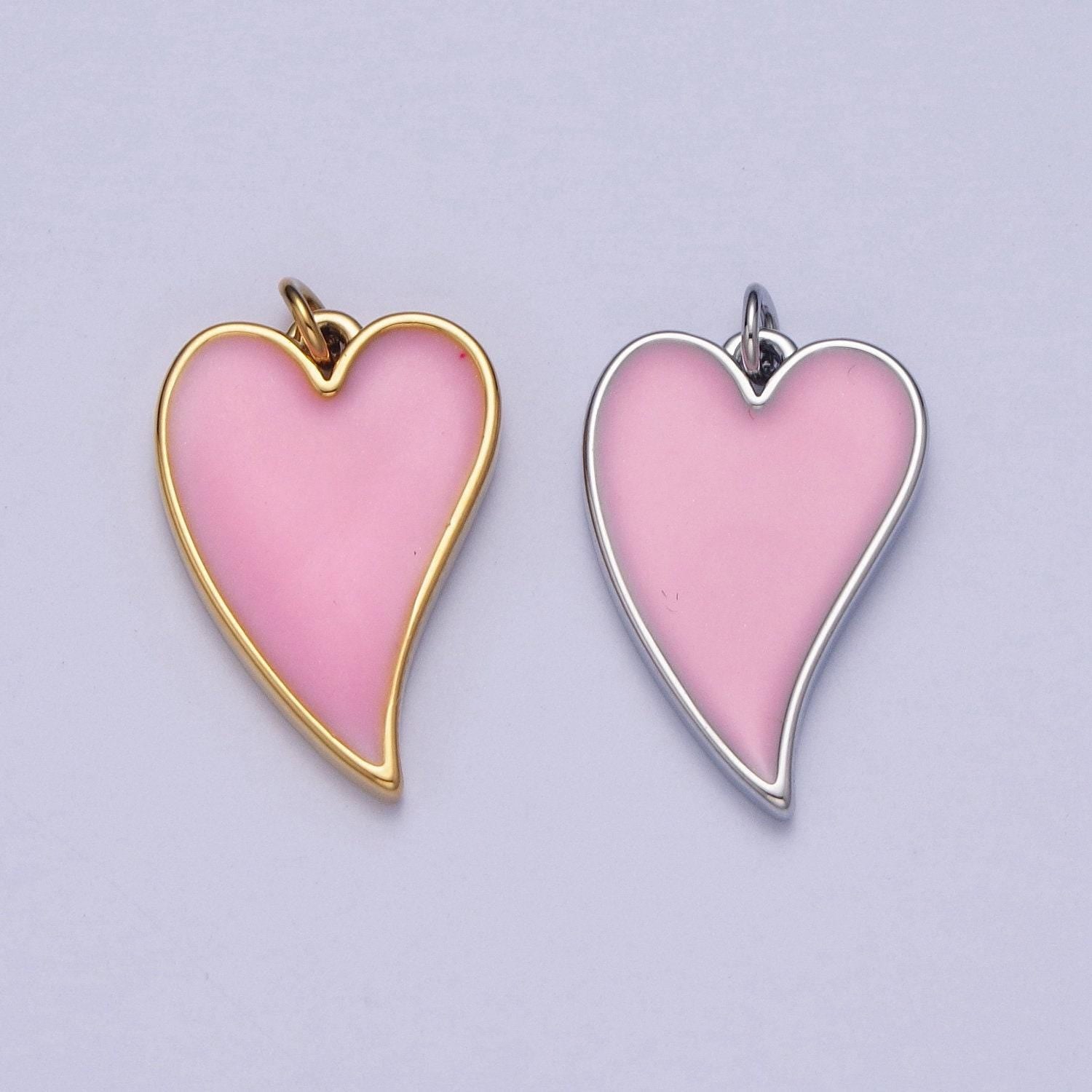 24k gold filled simple pink enamel heart charm, add on gold silver minimalistic pendant love jewelry | x-805, x-806