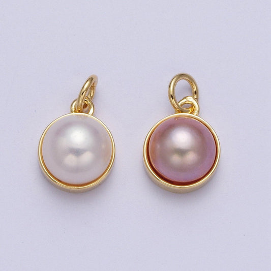Dainty purple white round pearl pendant, gold plated round mother of pearl charm | x-751, x-752