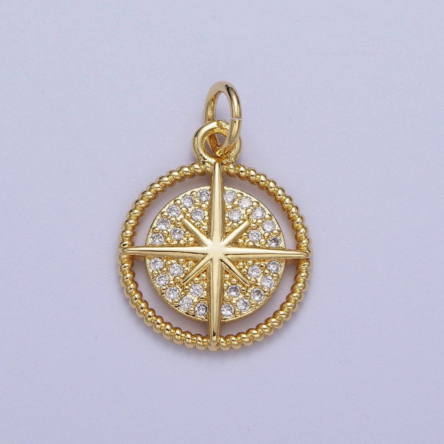 Gold north star compass pendant, 24k gold plated croissant twist edge micro paved clear cz north star compass medallion charm | x-730